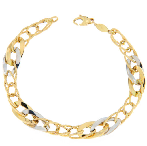 Bracciale donna Catena in Oro Bicolore 18KT (750) Questo gioiello fa parte di tutta quella merce in Oro 18kt, realizzata o venduta nel nostro store! La vendita di gioielli in Oro 18kt è uno dei nostri punti forti da molti anni, tutta la nostra merce è accompagnata dal certificato di garanzia, e il punzone 750. Lunghezza: 21cm. Larghezza: 1cm. Chiusura: Moschettone. Garanzia: Laboratorio Orafo Taormina Gioielli. Confezione: Confezione Taormina Gioielli.