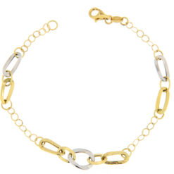 Bracciale donna Catena in Oro Bicolore 18KT (750) Questo gioiello fa parte di tutta quella merce in Oro 18kt, realizzata o venduta nel nostro store! La vendita di gioielli in Oro 18kt è uno dei nostri punti forti da molti anni, tutta la nostra merce è accompagnata dal certificato di garanzia, e il punzone 750. Lunghezza: 19,50cm. Larghezza: 0,50cm. Chiusura: Moschettone. Garanzia: Laboratorio Orafo Taormina Gioielli. Confezione: Confezione Taormina Gioielli.