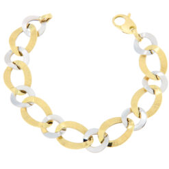 Bracciale donna Catena in Oro Bicolore 18KT (750) Questo gioiello fa parte di tutta quella merce in Oro 18kt, realizzata o venduta nel nostro store! La vendita di gioielli in Oro 18kt è uno dei nostri punti forti da molti anni, tutta la nostra merce è accompagnata dal certificato di garanzia, e il punzone 750. Lunghezza: 19,50cm. Larghezza: 1,80cm. Chiusura: Moschettone. Garanzia: Laboratorio Orafo Taormina Gioielli. Confezione: Confezione Taormina Gioielli.