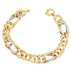 Bracciale donna Catena in Oro Bicolore 18KT (750) Questo gioiello fa parte di tutta quella merce in Oro 18kt, realizzata o venduta nel nostro store! La vendita di gioielli in Oro 18kt è uno dei nostri punti forti da molti anni, tutta la nostra merce è accompagnata dal certificato di garanzia, e il punzone 750. Lunghezza: 20,50cm. Larghezza: 1,80cm. Chiusura: Susta Grilletto. Garanzia: Laboratorio Orafo Taormina Gioielli. Confezione: Confezione Taormina Gioielli.