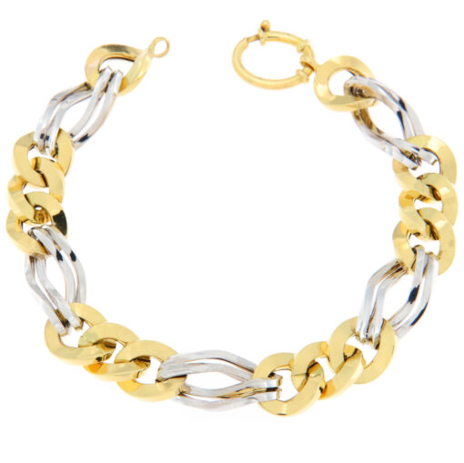 Bracciale donna Catena in Oro Bicolore 18KT (750) Questo gioiello fa parte di tutta quella merce in Oro 18kt, realizzata o venduta nel nostro store! La vendita di gioielli in Oro 18kt è uno dei nostri punti forti da molti anni, tutta la nostra merce è accompagnata dal certificato di garanzia, e il punzone 750. Lunghezza: 21,50cm. Larghezza: 1,80cm. Chiusura: Susta Grilletto. Garanzia: Laboratorio Orafo Taormina Gioielli. Confezione: Confezione Taormina Gioielli.